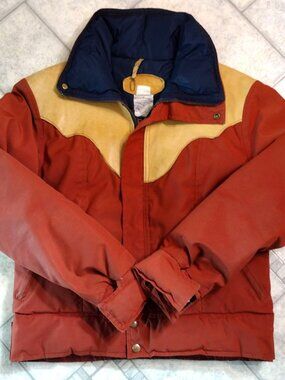 Rocky Mountain Featherbed VTG Orange Goose Down Jacket Leather Trim Women's M